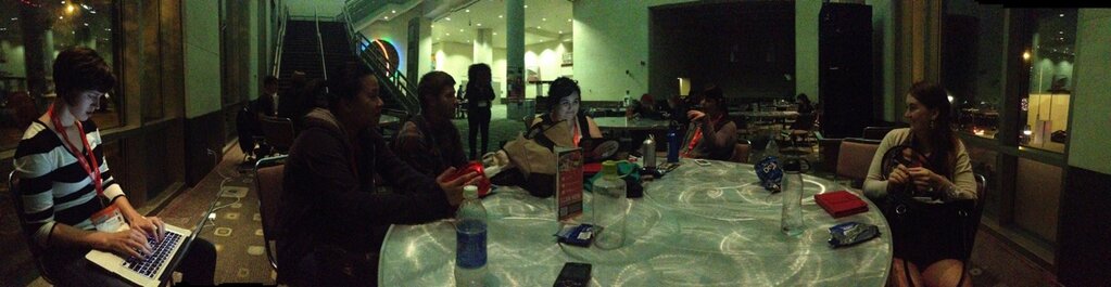A panorama of the group at work in the Convention Center.