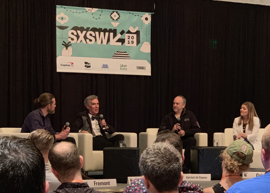 Image of the live recording of the Austinpreneur Podcast at SXSW 2019. From left: John Fremont, Bill Nye, Richard Garriott de Cayeux and Molly Cain.